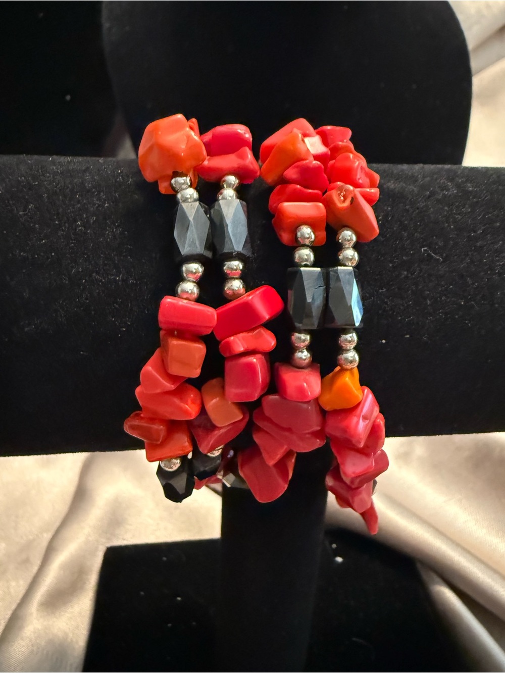 Red Coral Chip & Hematite Magnetic Bead strand. Wear as Necklace or Bracelet.